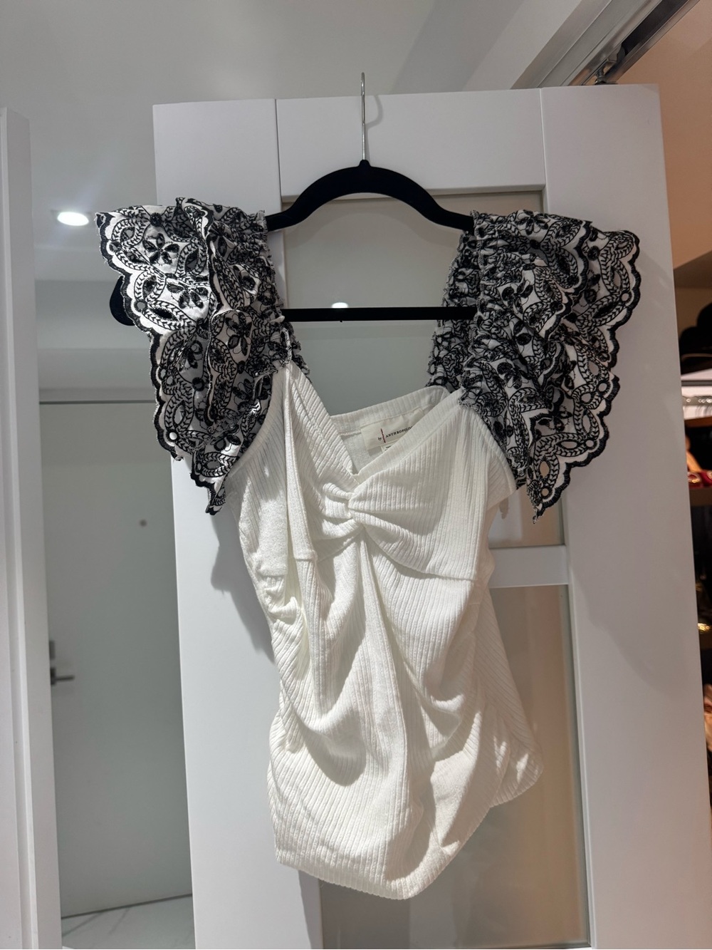 Anthropologie White Ribbed Tank with Black Lace Flutter Sleeves